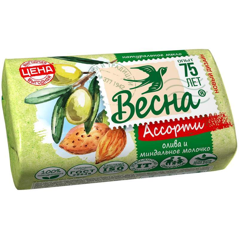 Мыло туалетное ВЕСНА 90г Олива, миндальное молочко 