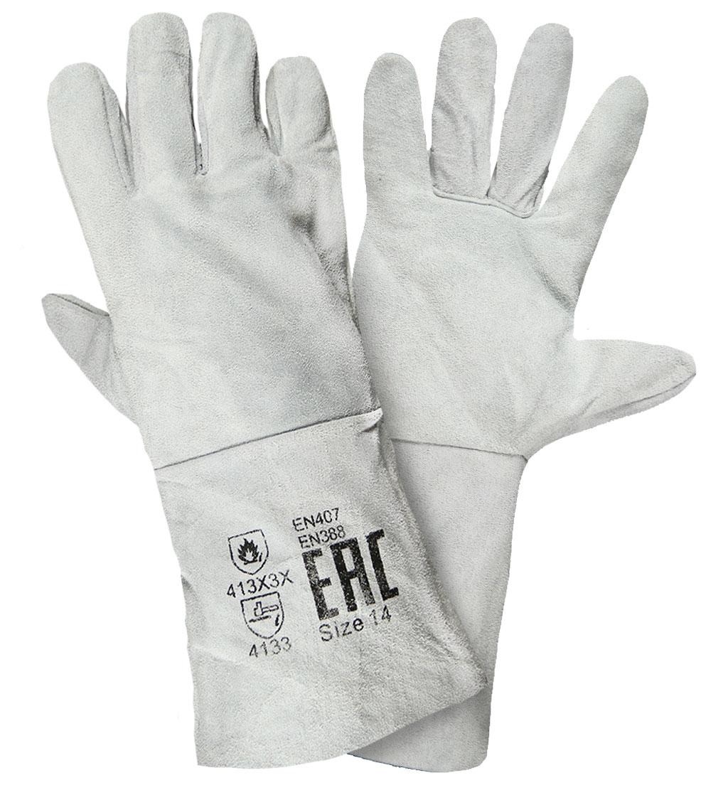 Краги спилковые пятипалые (длин - 35 см.) серые